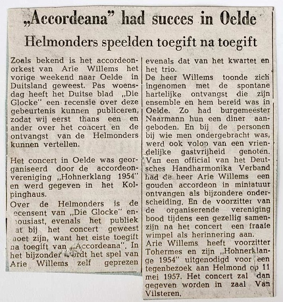 De krant schreef: Succes in Oelde, mei 1958.
