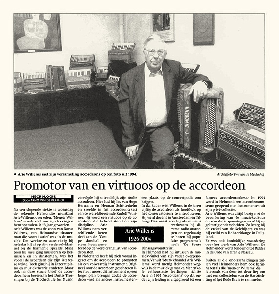 Krantenartikel bij het overlijden van Arie Willems, juli 2004.